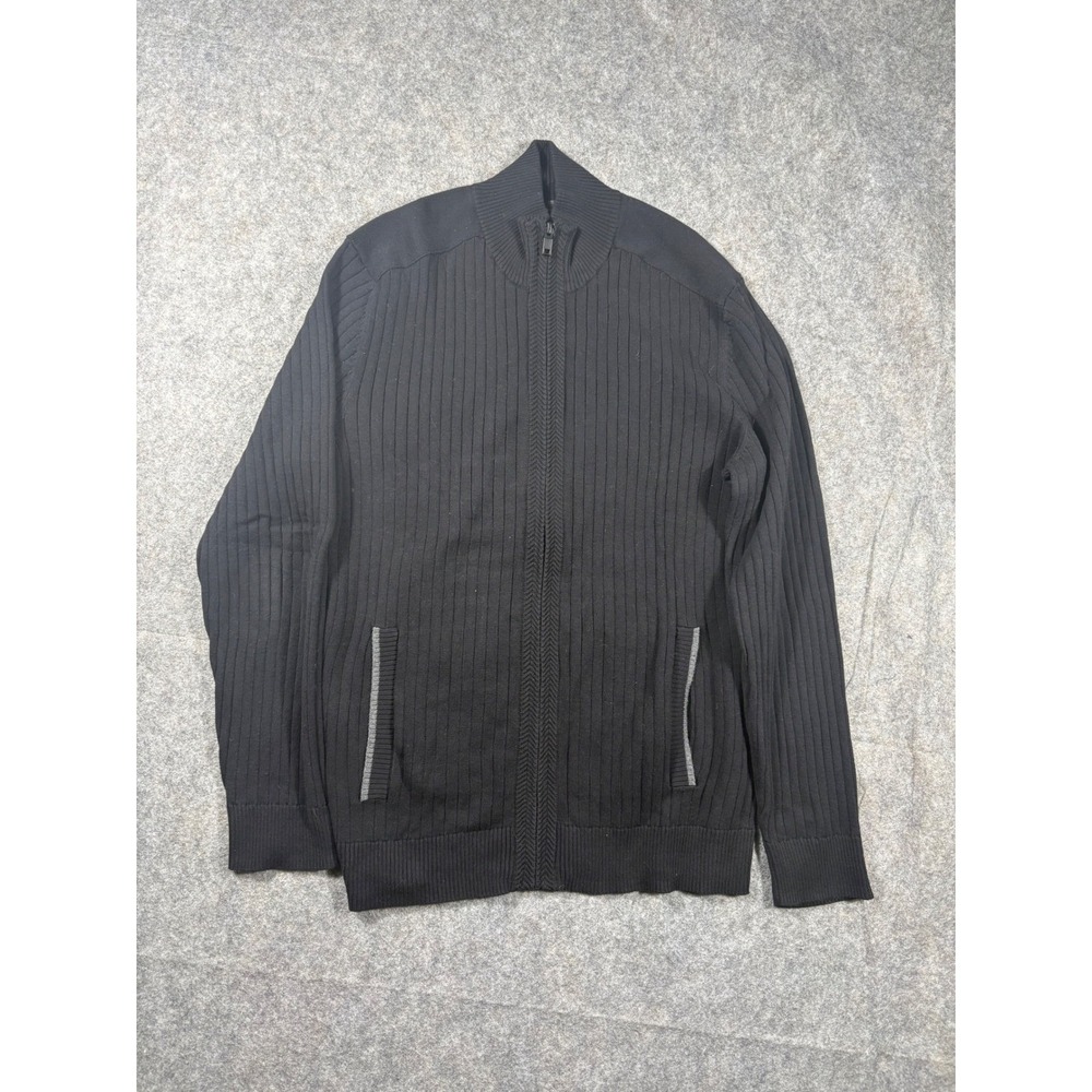 Alfani‎ Mens Black Ribbed Full Zip Mock Neck Cotton Sweater Jacket Size M